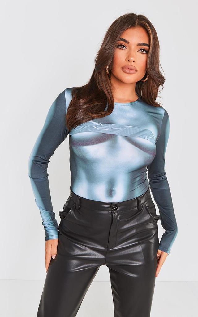 Teal Body Print Long Sleeve Bodysuit Product Image