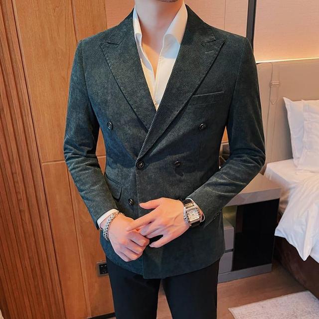 Peak Lapel Plain Corduroy Double Breasted Blazer Product Image