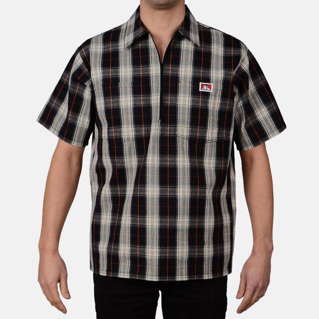 Short Sleeve Plaid 1/2 Zip Shirt - Black/Cream Product Image