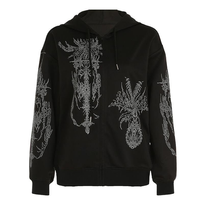 Drawstring Drop Shoulder Print Zip Hoodie Product Image