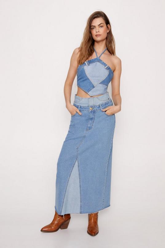 Two Tone Double Waistband Denim Maxi Skirt Product Image