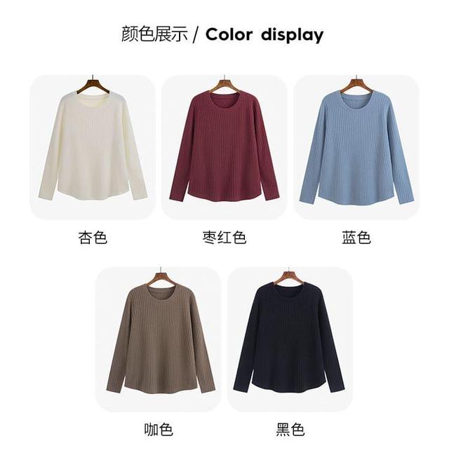 Long Sleeve Round Neck Plain Ribbed Knit Top Product Image