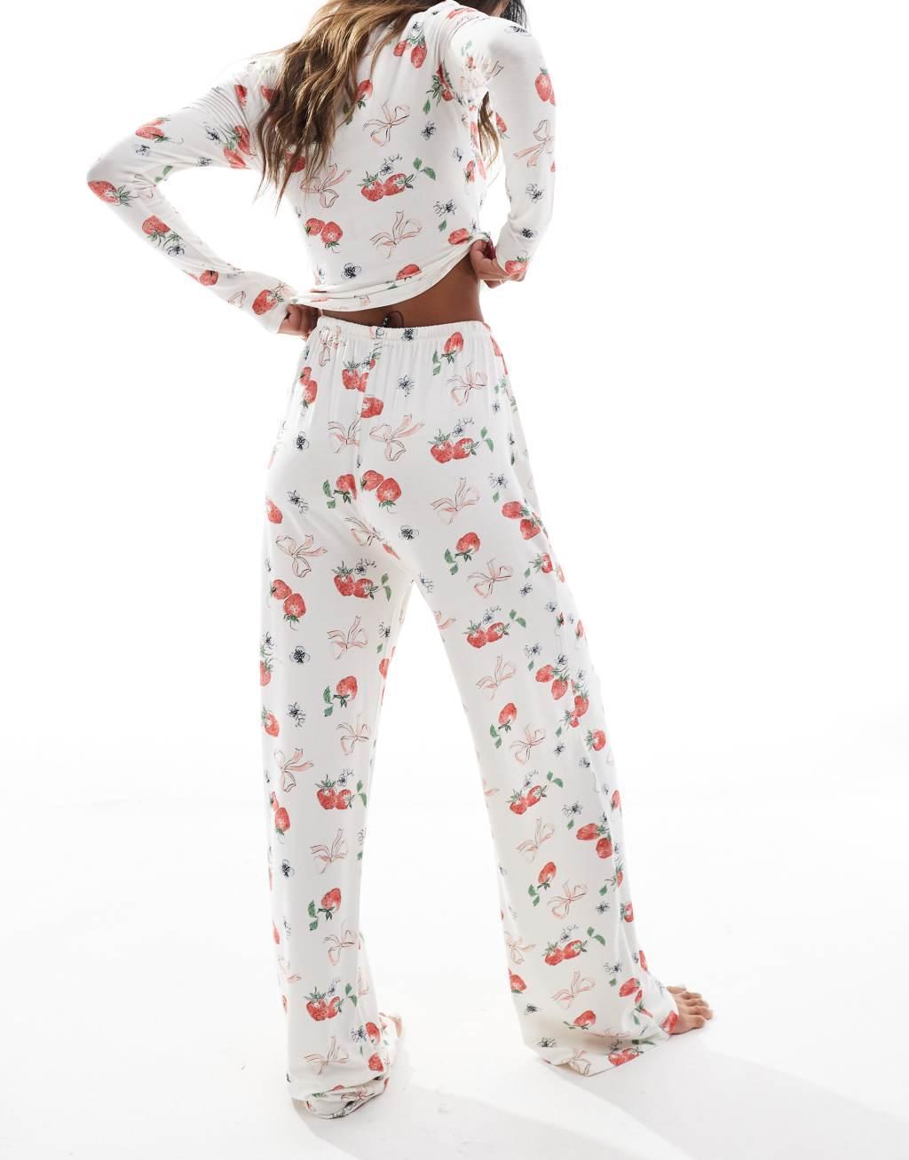 Kaiia mix and match wide leg pj bottoms in strawberry and bow print - part of a set Product Image