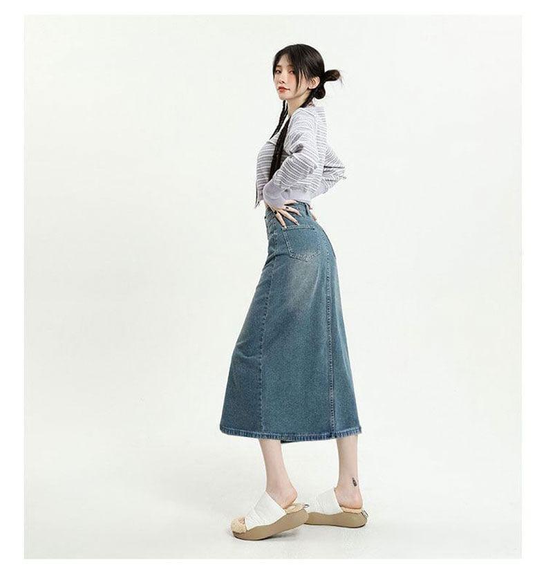 High Waist Front-Slit Denim Midi H-Line Skirt Product Image