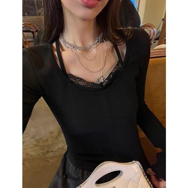 Long-Sleeve Halter-Neck Plain Lace Trim Knit Top Product Image