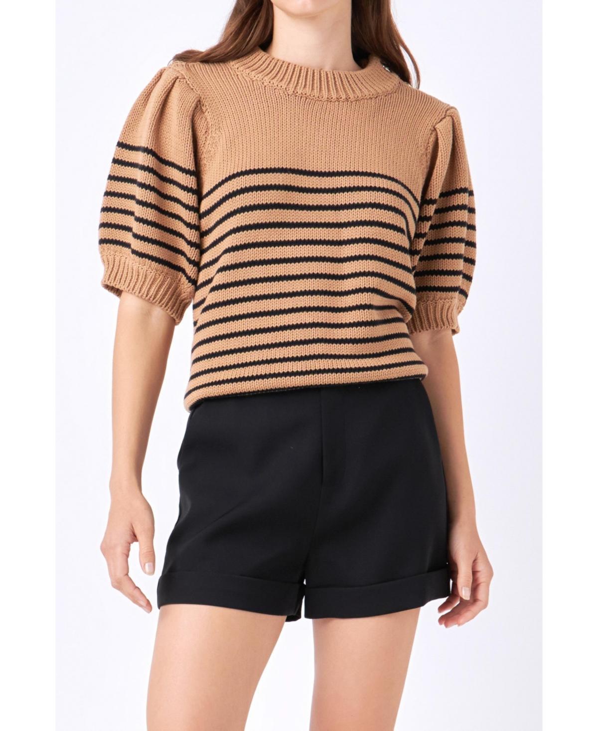 English Factory Striped Short Puff Sleeve Sweater with Buttons (White Women's Clothing Product Image