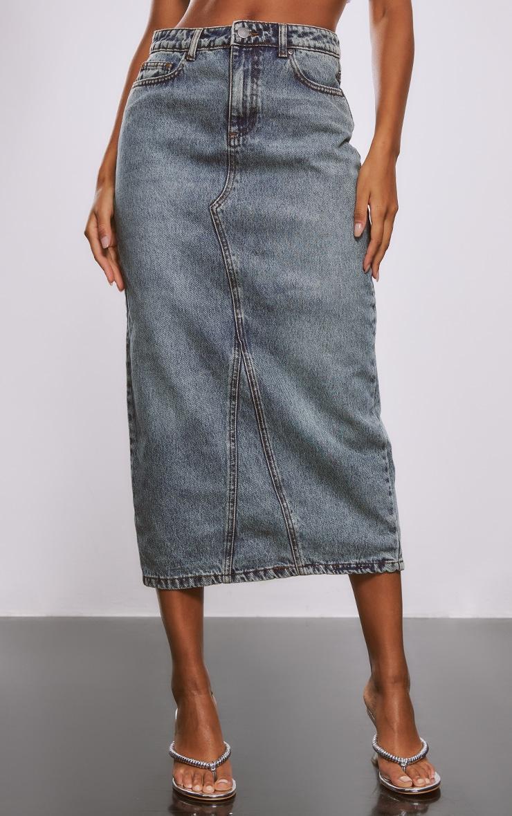  Acid Blue Wash Denim Split Back Midi Skirt Product Image