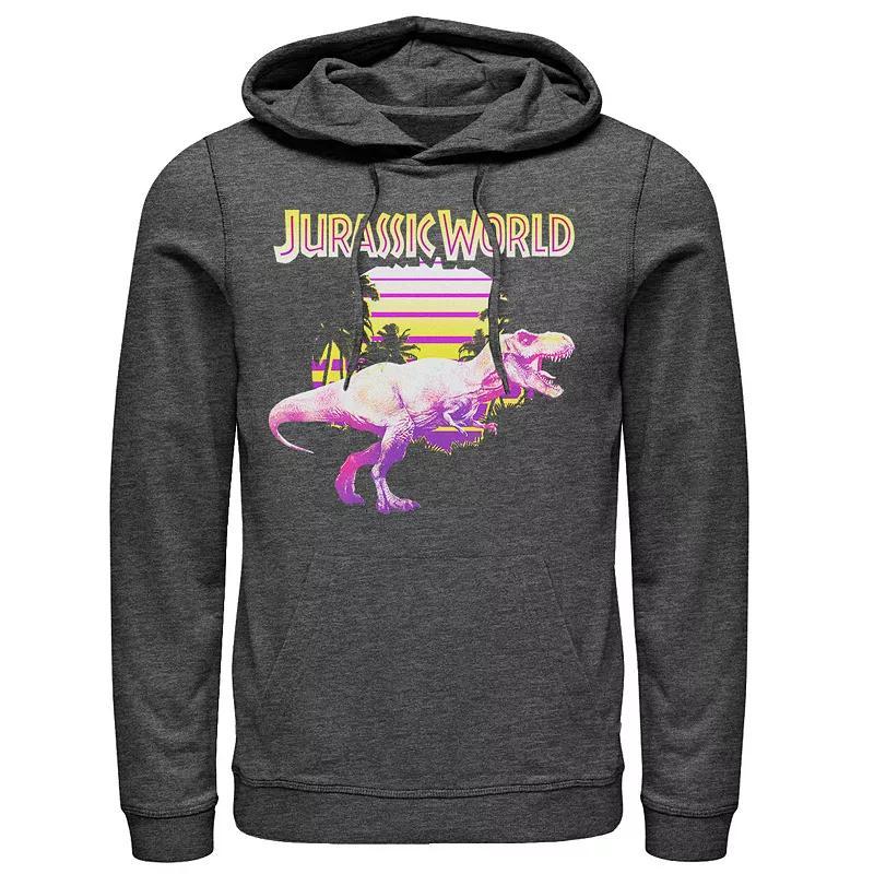 Mens Jurassic World Neon Purple & Yellow T-Rex Pullover Hoodie Grey Product Image