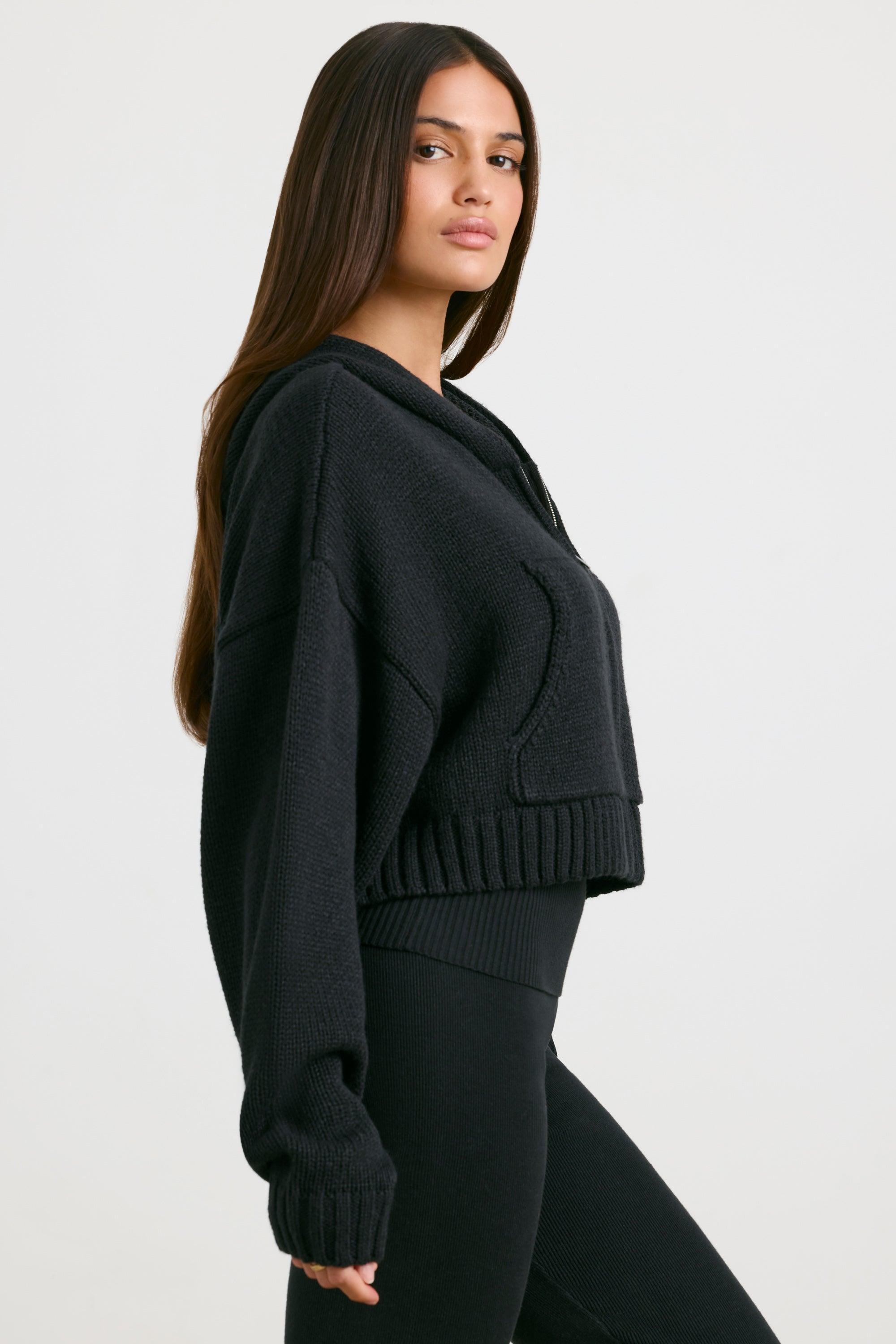 Cropped Zip Up Chunky Knit Hoodie in Black Product Image