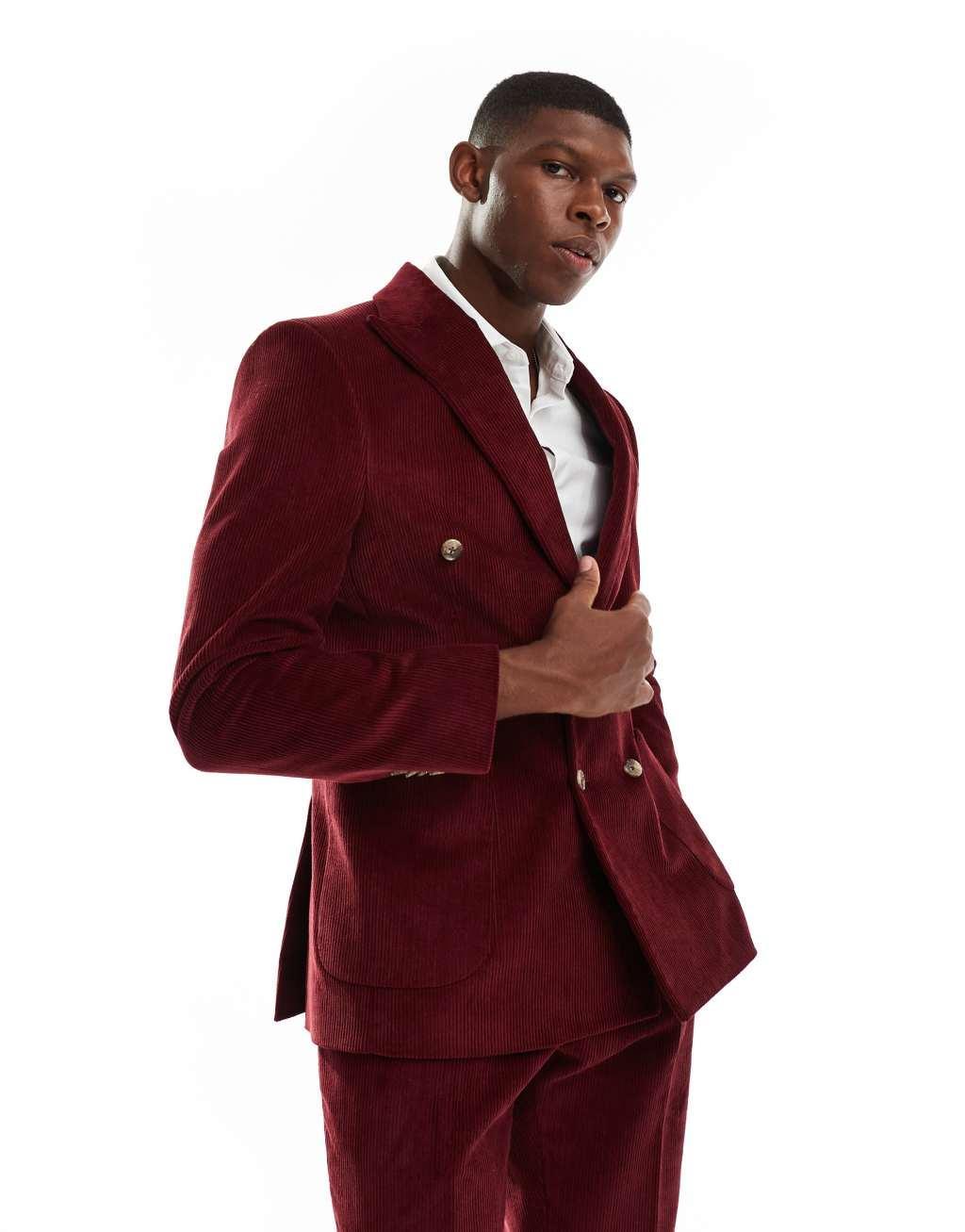 Shelby and Sons double breasted slim cord blazer in deep red - part of a set Product Image