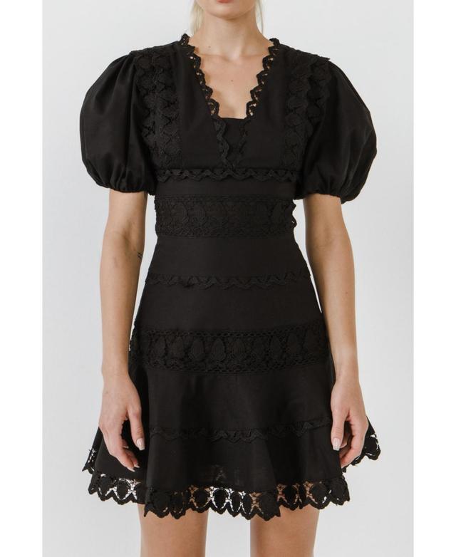 Womens Plunging Lace Trim Dress with Puff Sleeve Product Image