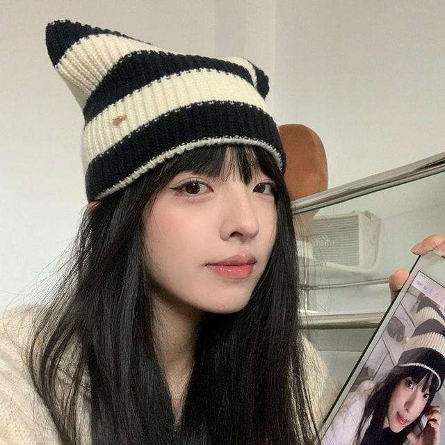 Cat Ear Striped Knit Beanie Product Image