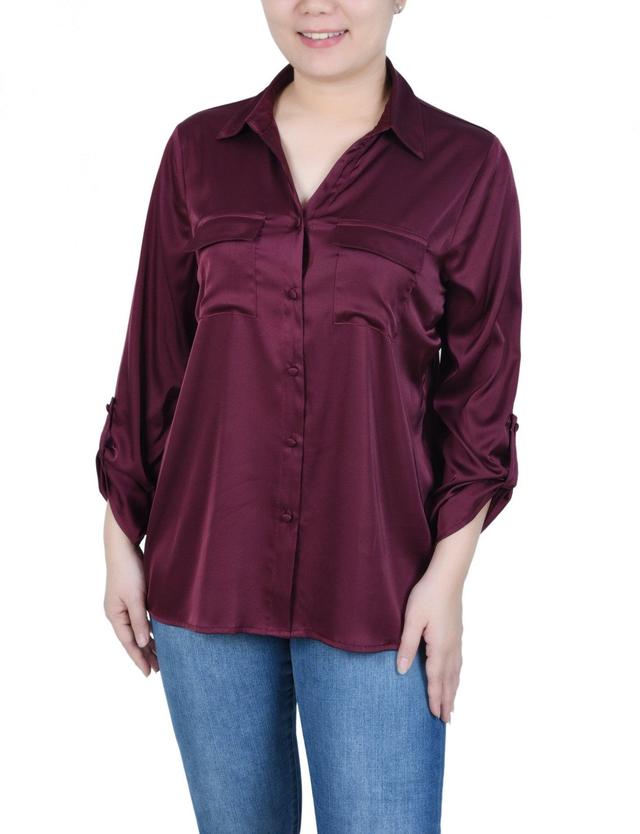 3/4 Length Sleeve Roll Tab Satin Blouse - Petite Product Image