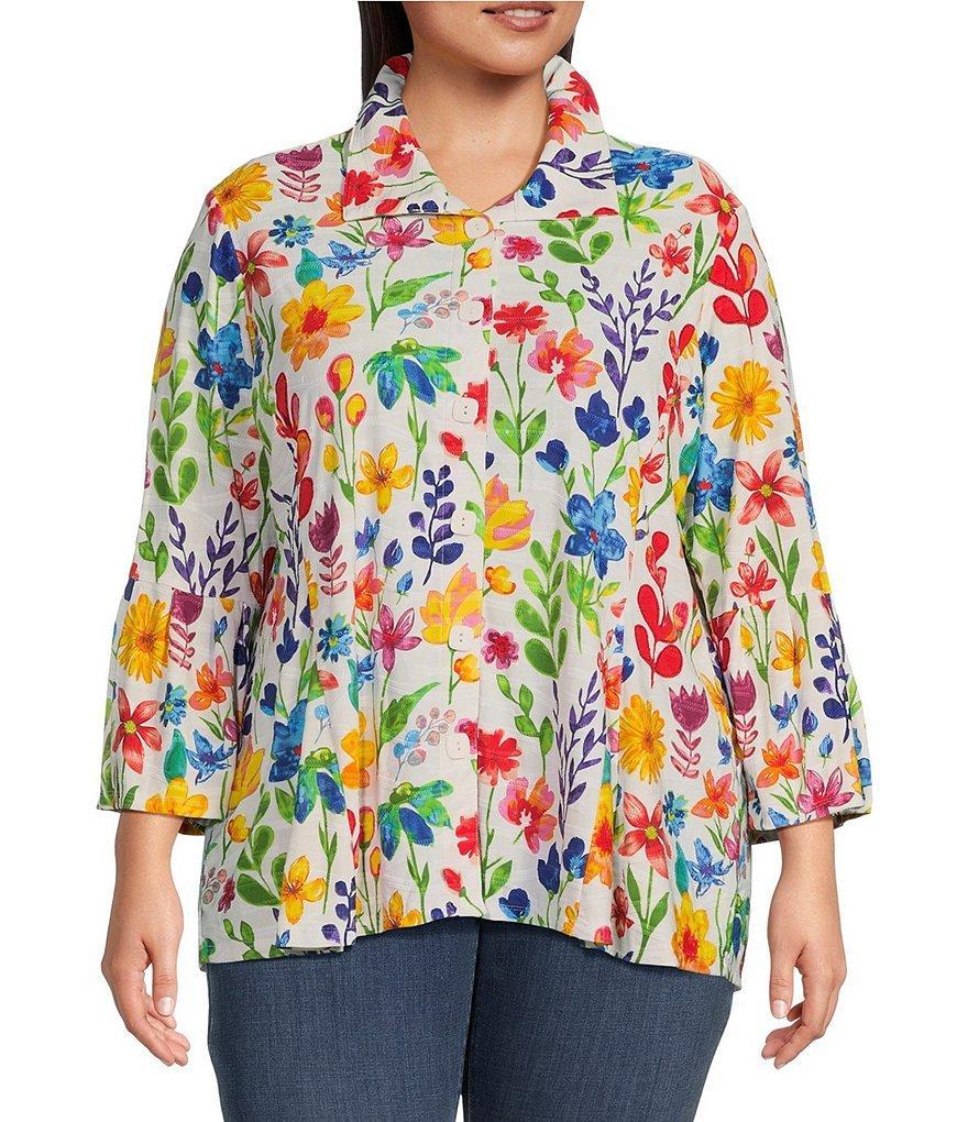 Ali Miles Plus Size Knit Floral Print Point Collar 3/4 Bell Sleeve Button-Front Tunic Product Image