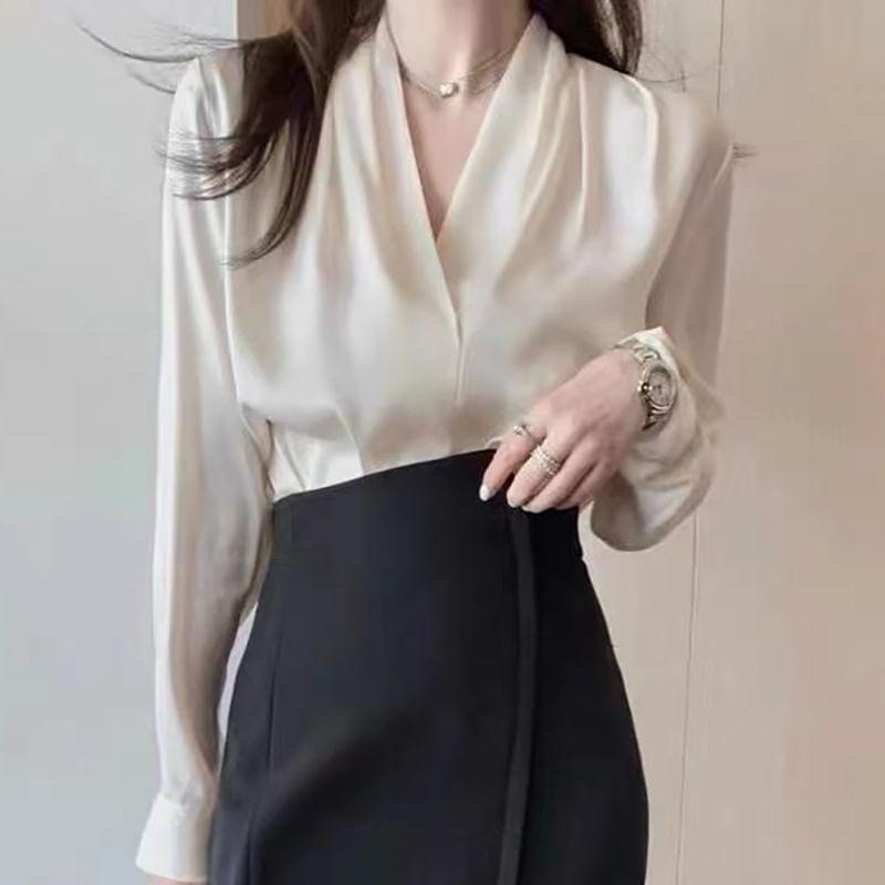 Puff-Sleeve V-Neck Satin Blouse Product Image