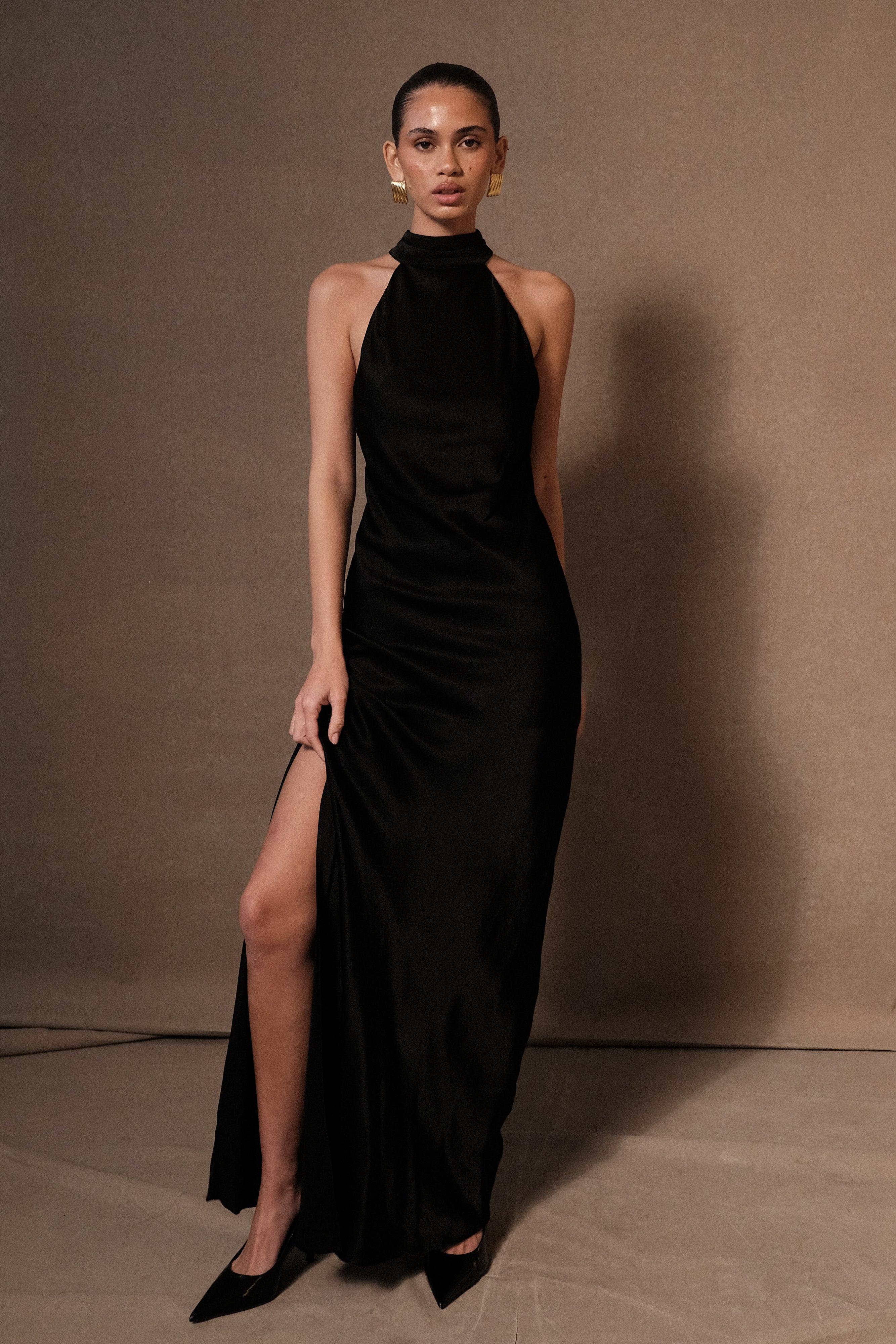 Claire Satin Drape Back Maxi Dress with Split - Black Product Image