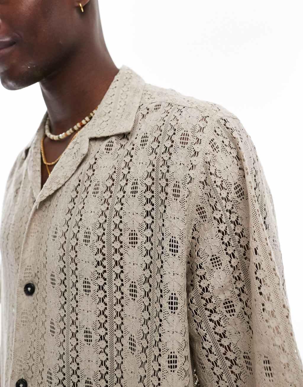 ASOS DESIGN relaxed revere lace shirt in stone Product Image