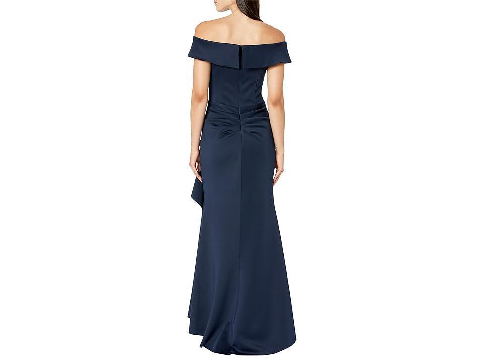 XSCAPE Long Scuba Off-the-Shoulder Side Ruffle (Midnight) Women's Dress Product Image