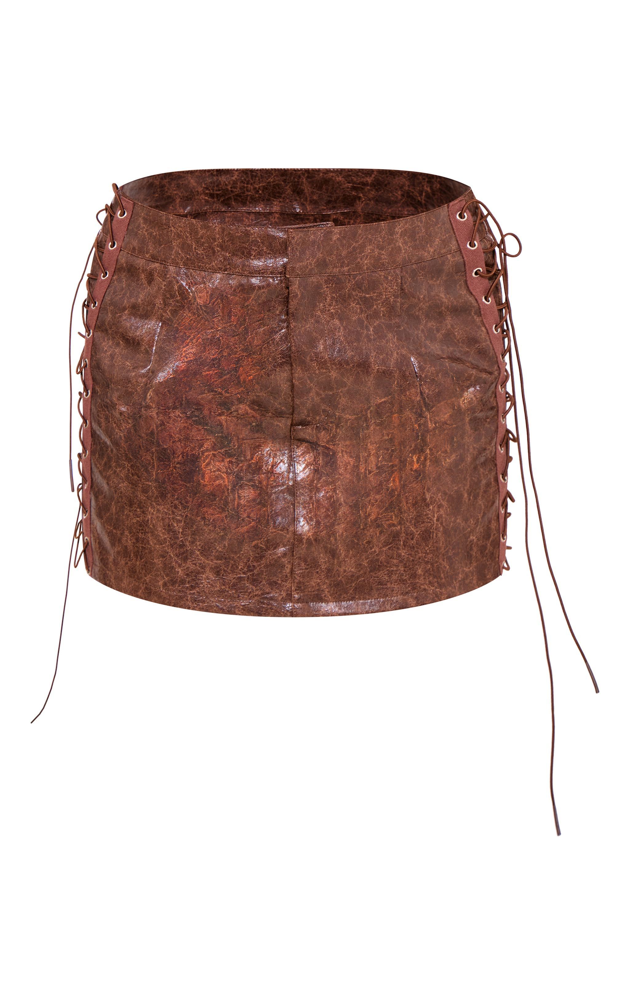 Rust Faux Leather Lace Up Detail Micro Mini Skirt Product Image