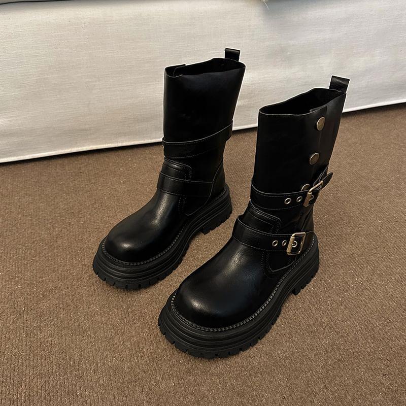 Platform Buckled Mid Calf Boots Product Image