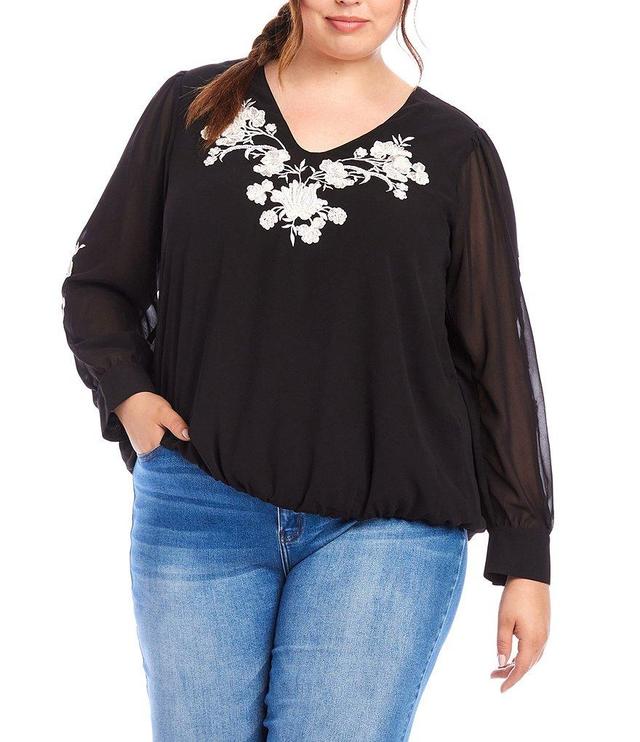 Karen Kane Plus Size Embroidered Floral V-Neck Long Blouson Sleeve Top Product Image