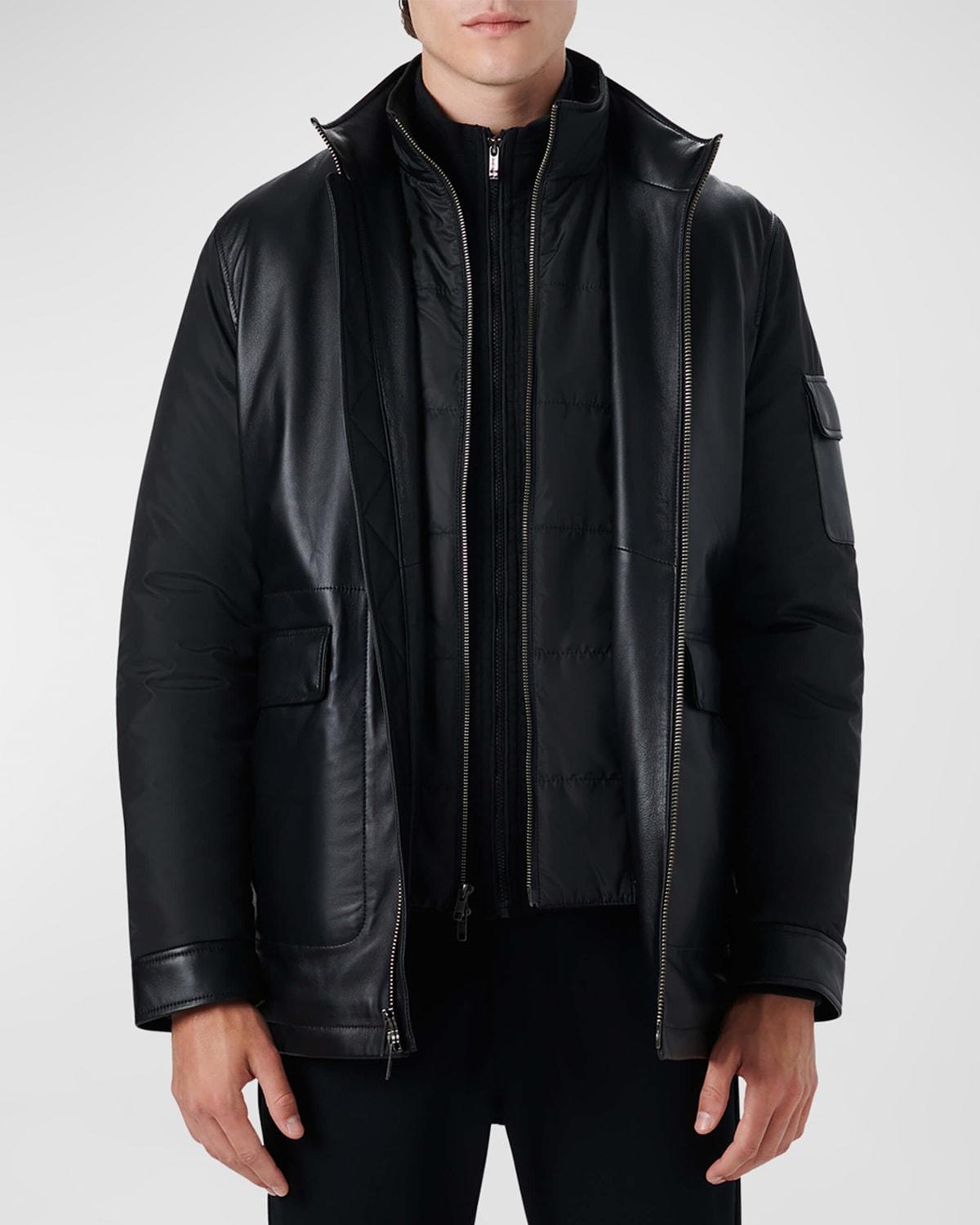 Bugatchi Full Zip Leather Bomber Jacket with Removable Bib Product Image