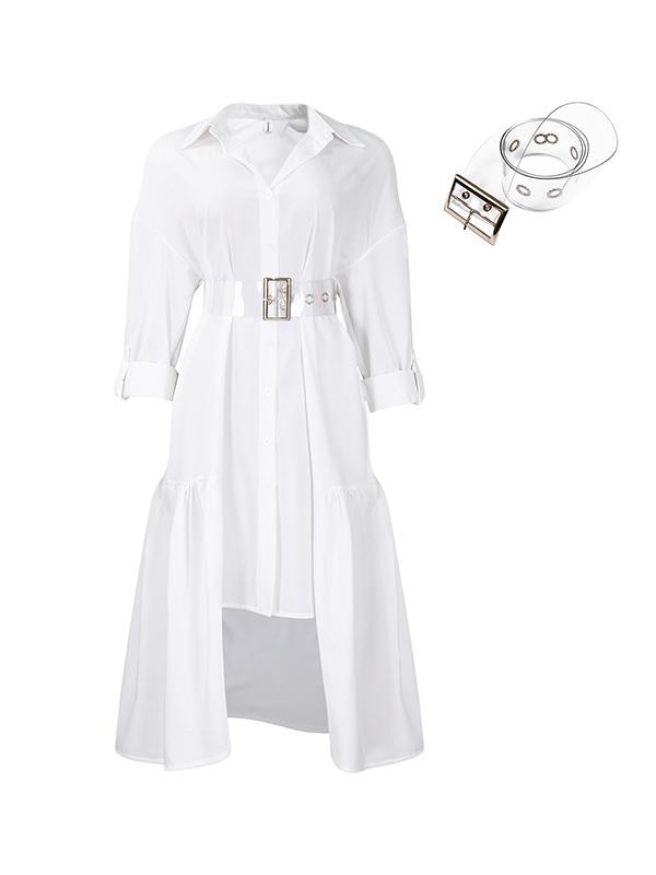 High-Low Loose Pleated Split-Joint Tied Waist Lapel Midi Dresses Shirt Dress product image