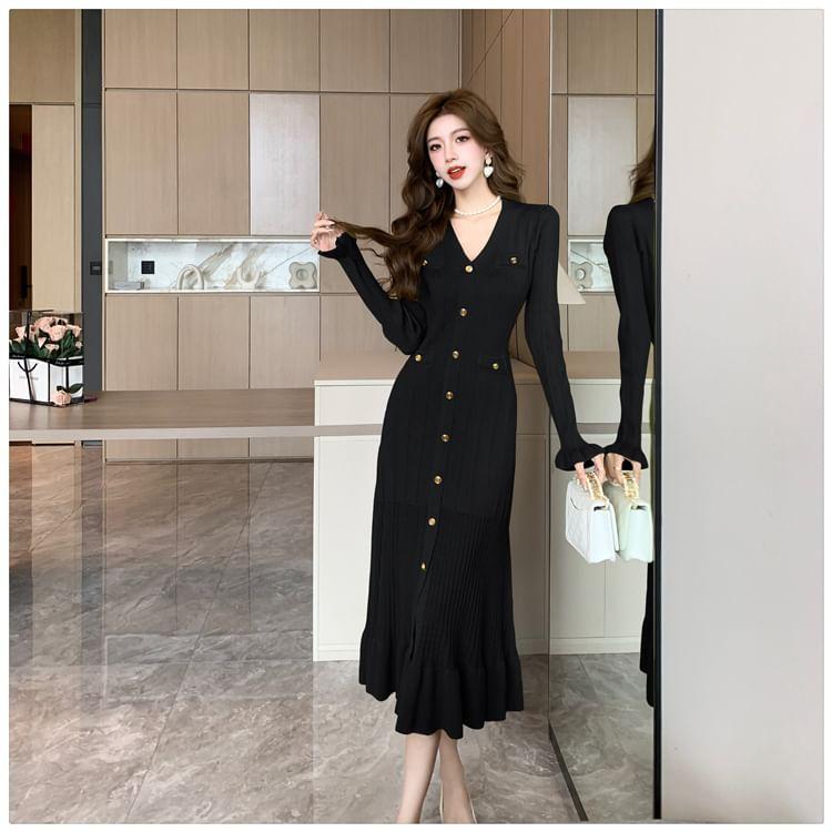 Long Sleeve V-Neck Plain Ribbed Knitted Bodycon Midi Dress Product Image