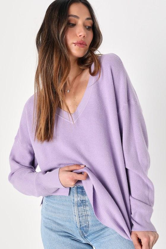 Easygoing Style Lavender Waffle Knit Pullover Sweater Top Product Image