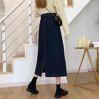 High-Waist A-Line Silt-Back Denim Midi Skirt Product Image