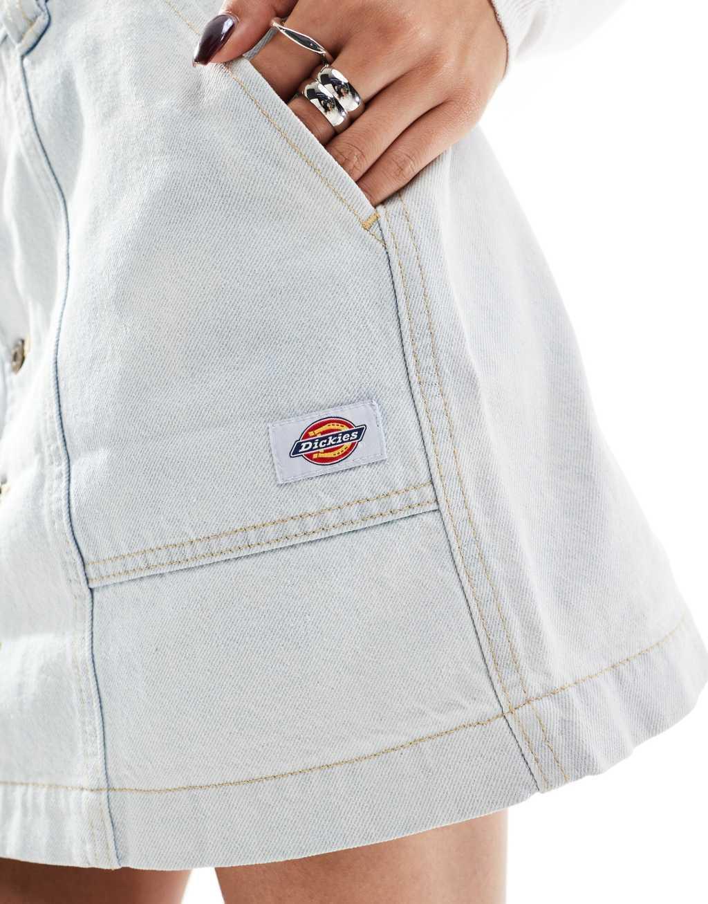 Dickies Madison button up denim mini skirt in light blue Product Image