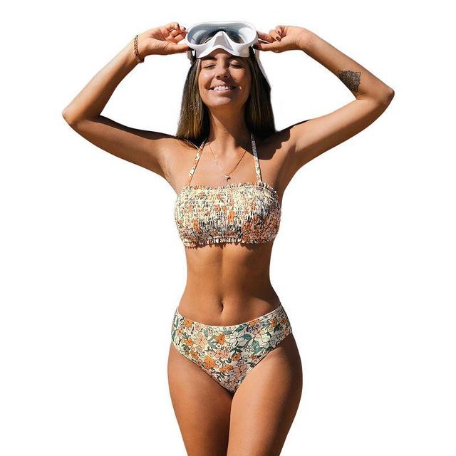 Womens CUPSHE Floral Smocked Tie Back Bandeau Swim Top and Mid Rise Swim Bottoms Bikini Set Product Image