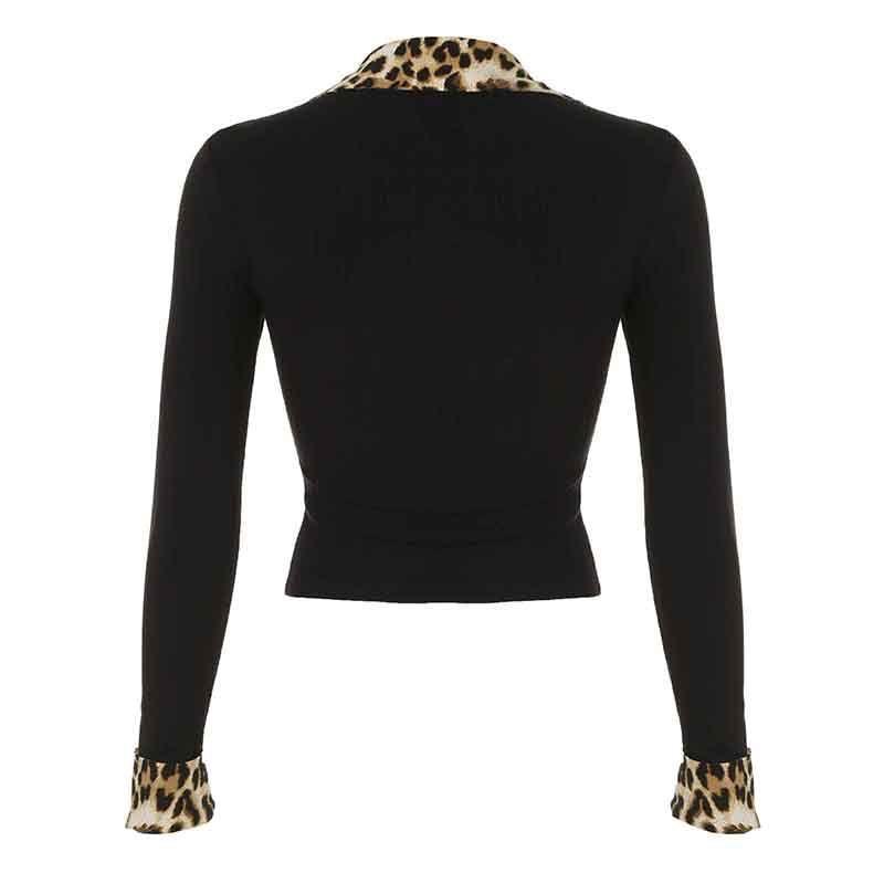 3/4-Sleeve V-Neck Leopard Panel Crop Polo Shirt Product Image