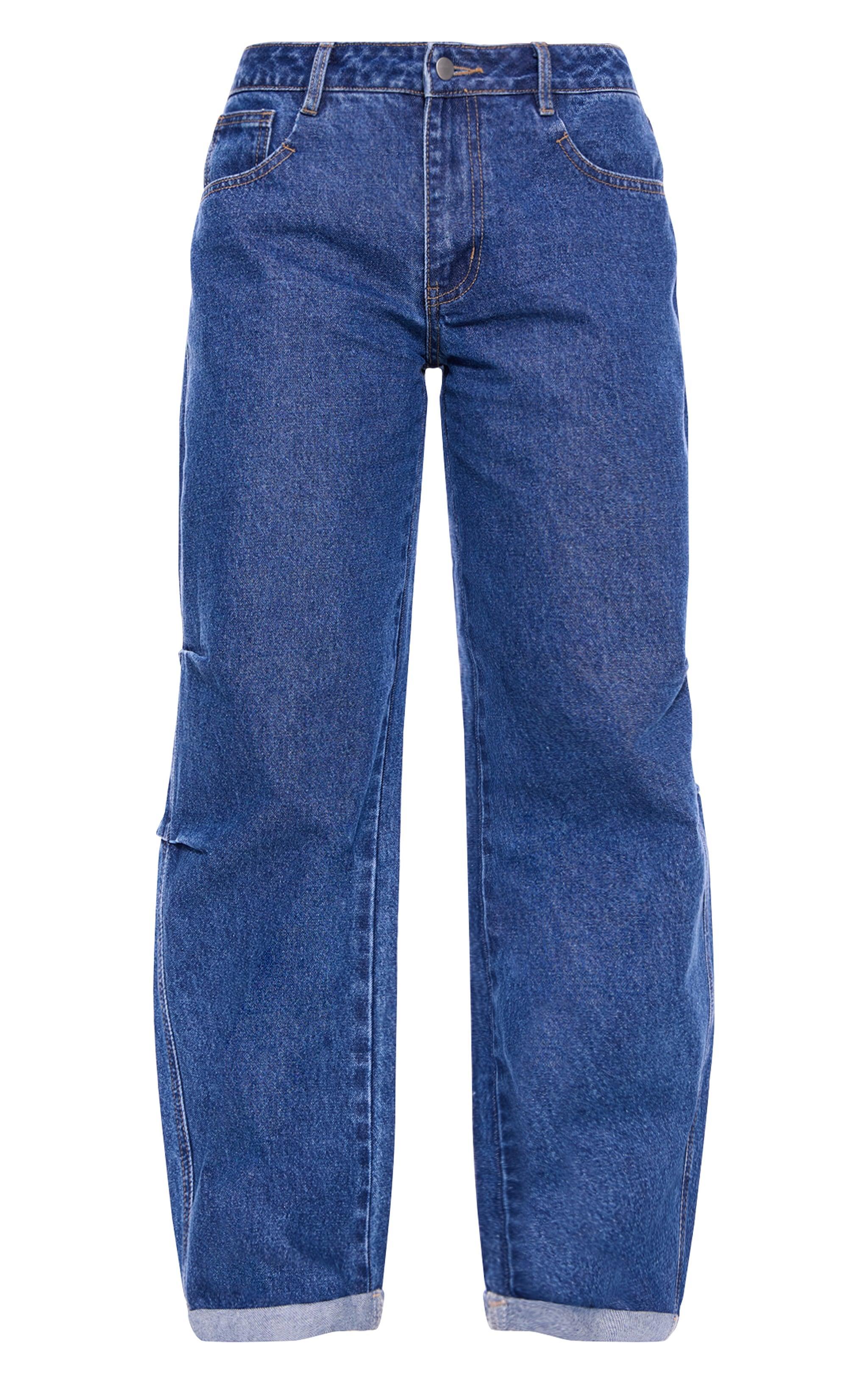 Mid Blue Wash Turn Up Hem Barrel Style Jeans Product Image