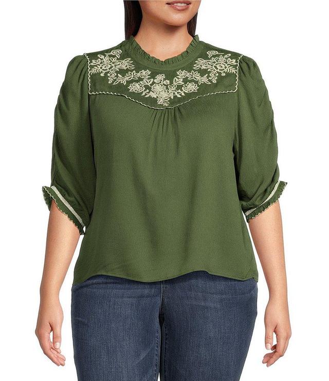 Democracy Plus Size Embroidered Yoke Woven Round Neck Elbow Sleeve Ruffle Trim Top Product Image