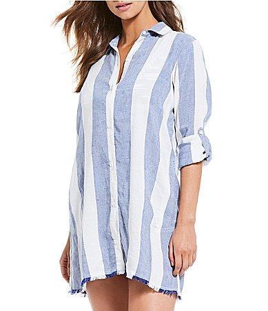 Tommy Bahama Rugby Beach Stripe Boyfriend Shirt Cover-Up Women's Swimwear Product Image