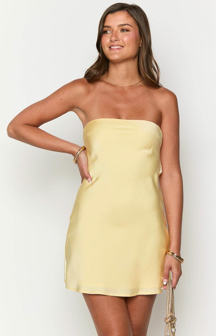 Mylee Yellow Satin Strapless Mini Dress Product Image