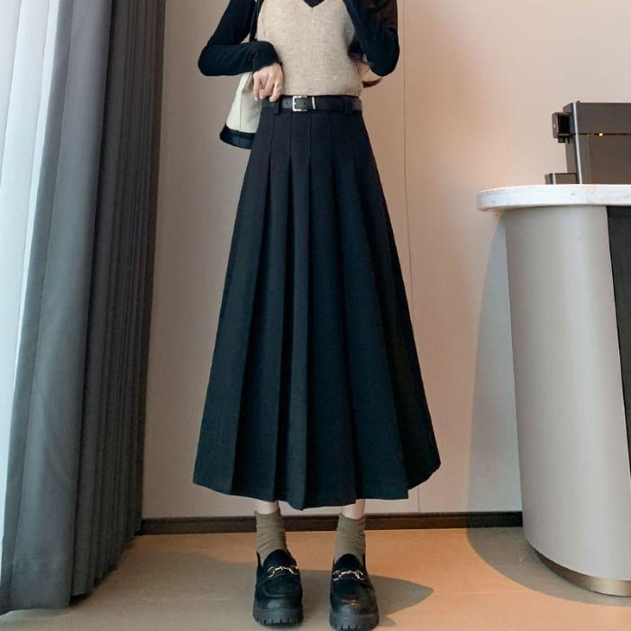 High Waist Plain Pleated Midi A-Line Skirt Product Image