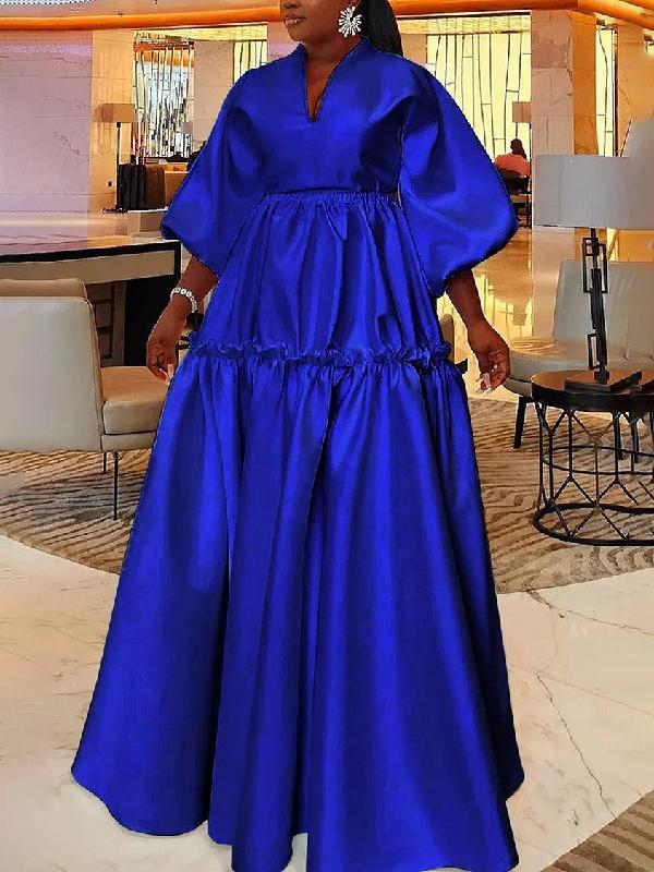 High Waisted Puff Sleeves Falbala Solid Color V-Neck Maxi Dresses Product Image