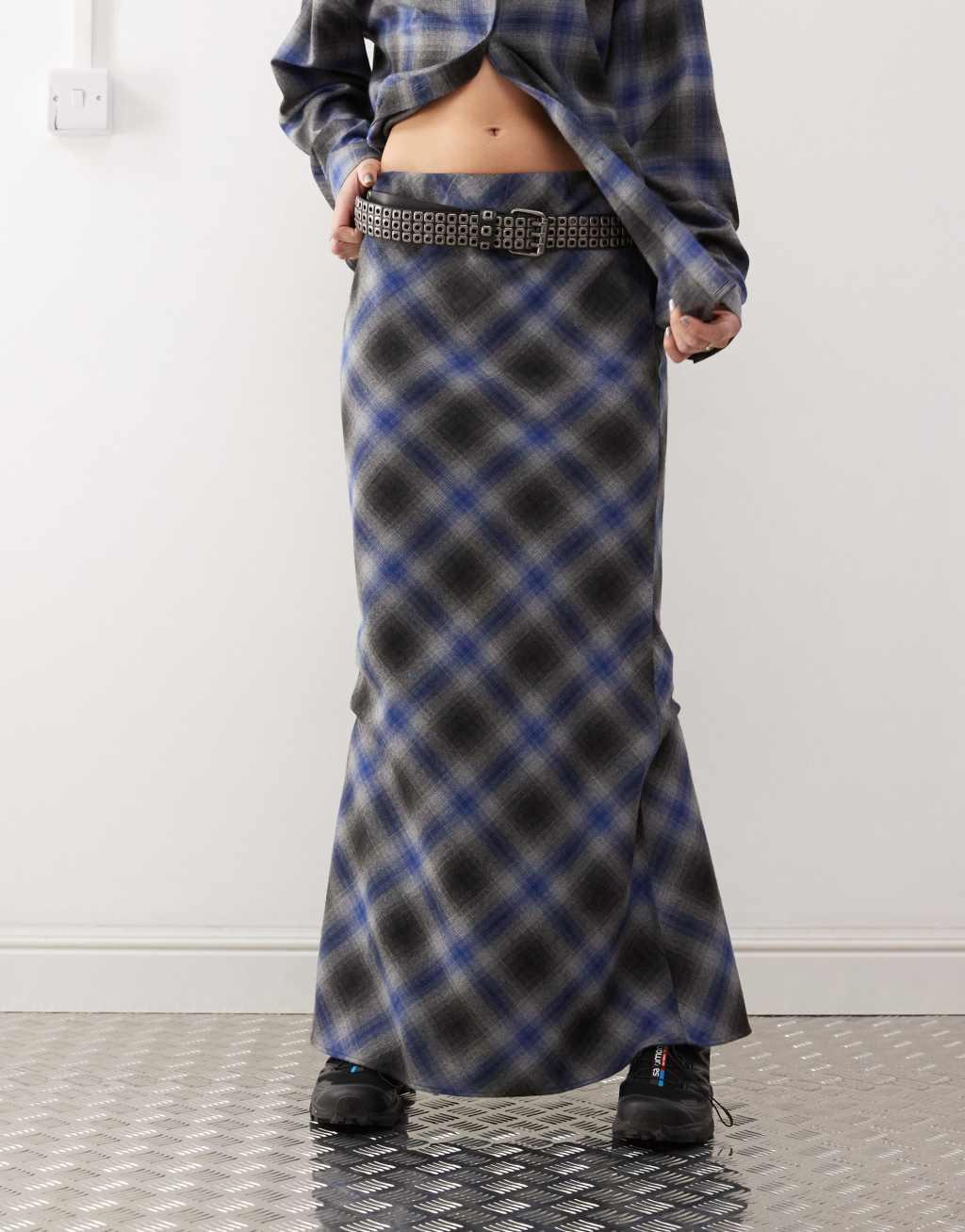 COLLUSION slip maxi skirt in gray and blue check Product Image