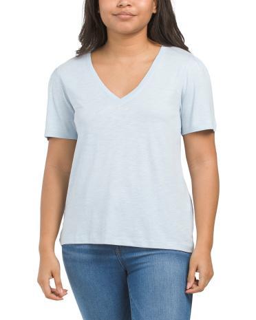 Short Sleeve Rib Trim V-neck T-Shirt for Women | Cotton Product Image