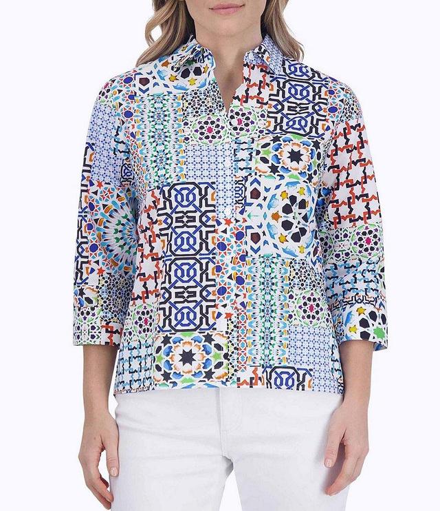 Foxcroft Kelly Point Collar 3/4 Sleeve Intertwine Patchwork Print Button Front Shirt Product Image