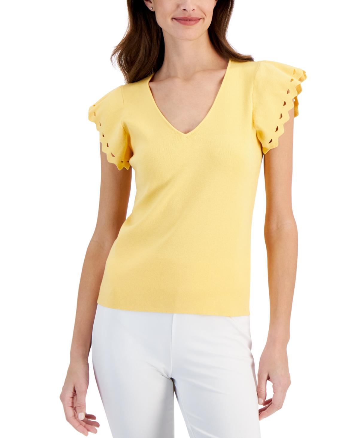 T Tahari Womens Ribbed V-Neck Flutter-Sleeve Sweater Product Image