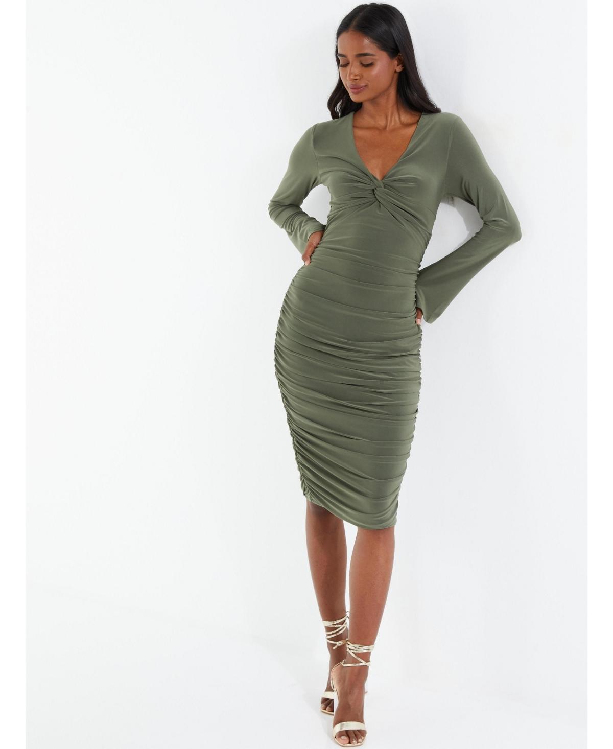 Womens Green Knot Front Bodycon Dress Product Image