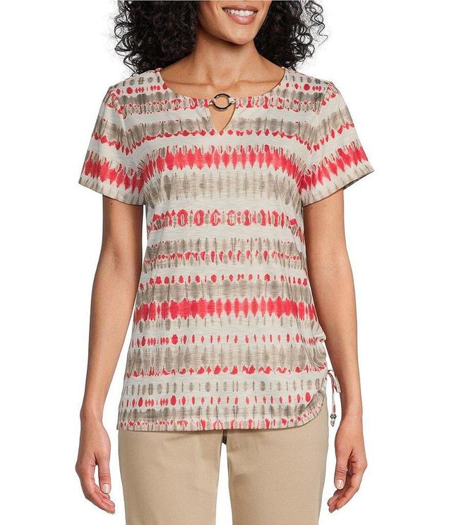 Allison Daley Tie-Dye Stripe Short Sleeve Keyhole Neck Ruched Side Tie Hem Knit Top Product Image