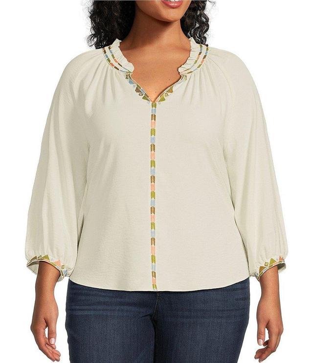 Democracy Plus Size Ruffle Split V-Neck 3/4 Blouson Sleeve Woven Embroidered Top Product Image