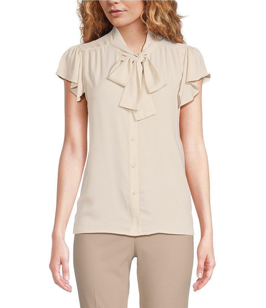 Calvin Klein Woven Ruffle Cap Sleeve Tie Neck Blouse Product Image