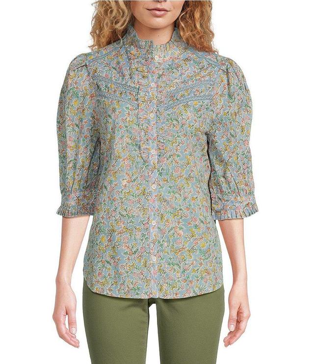 Democracy Petite Size Cotton Metallic Floral Ruffled Trim 3/4 Button-Front Shirt Product Image