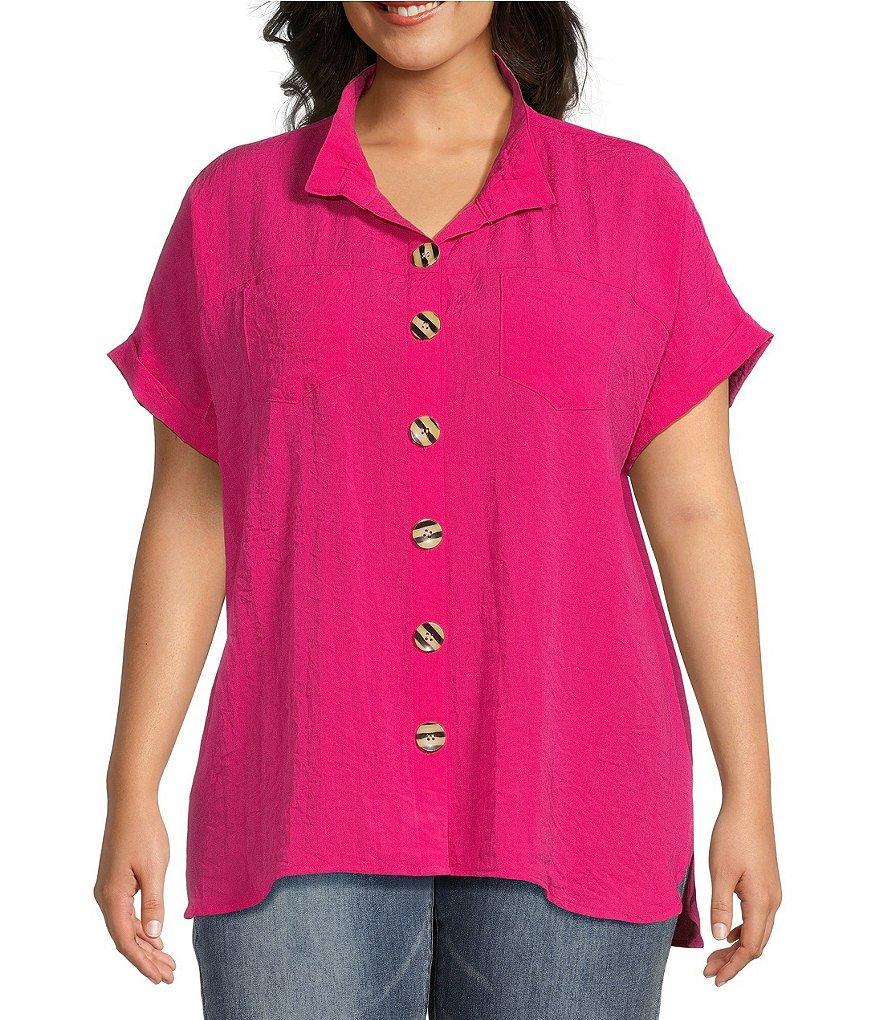 John Mark Plus Size Crinkle Short Dolman Sleeve Point Collar Button Front Shirt Product Image