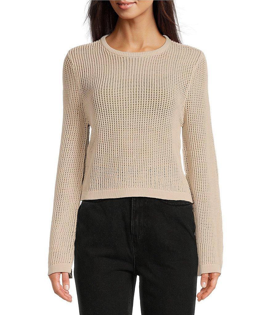 Le' AL.X Knit Open Crochet Crew Neck Long Bell Sleeve Cropped Pullover Top Product Image